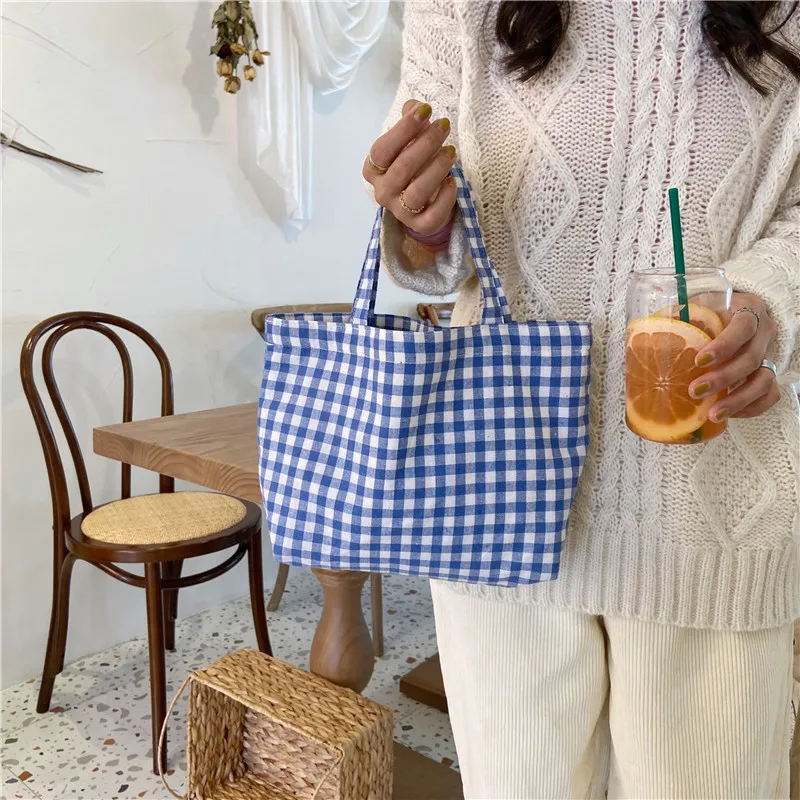 Portable Cotton Women Lunch Bento Bag Vintage Plaid Canvas Ladies Small Handbags Simple Female Cloth Mini Tote Bag Clutch Purse