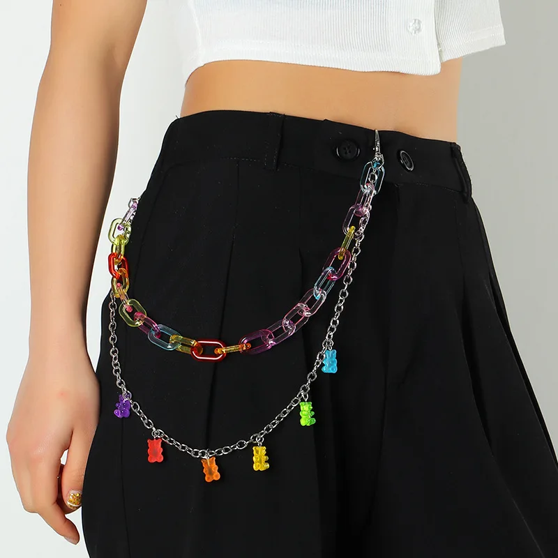 Punk Waist Chain Belt Silver Trousers Acyrlic Chains for Women Girl Female Jeans Belt for Pants Cool Metal Chain with Candy Bear