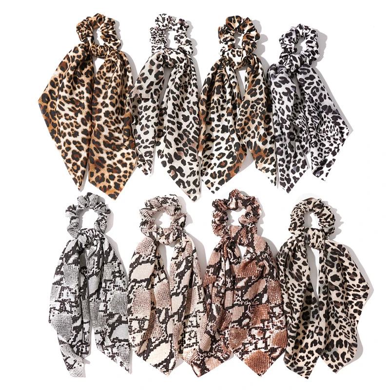 Ribbon Scrunchie Leopard Headband Animal Print Snake Scrunchy Elastic Hair Bands Hair Tie Women Ponytail Holder Hair Accessories