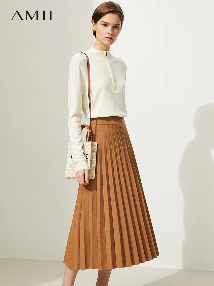 Amii Minimalism Skirts For Women High Waist Pleated Skirt Lady Aline Solid Women Knitted Skirt Elegant Winter Skirt 12170454