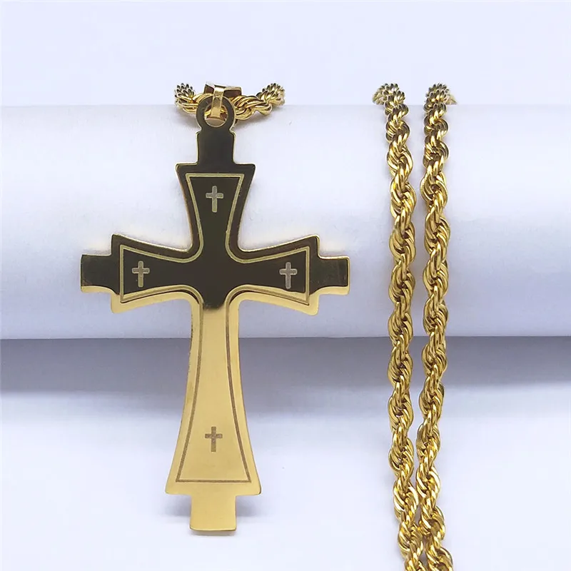 Religion Christian Cross Stainless Steel Gold Color Big Long Statement Necklace Women/Men Necklace Jewelry bijou femme 3572