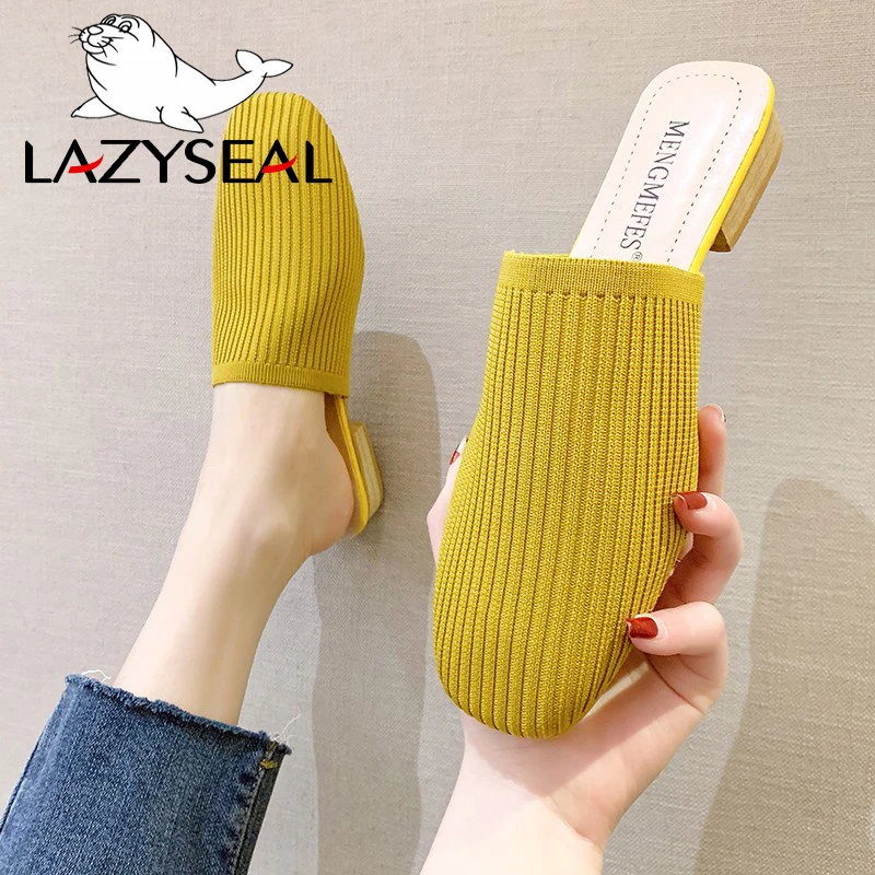 LazySeal Women Mules Knit Fabric Slippers Med Chunky Heel Casual Summer Stretch Fabric Heels Sandals Women Slides Pumps 3 CM