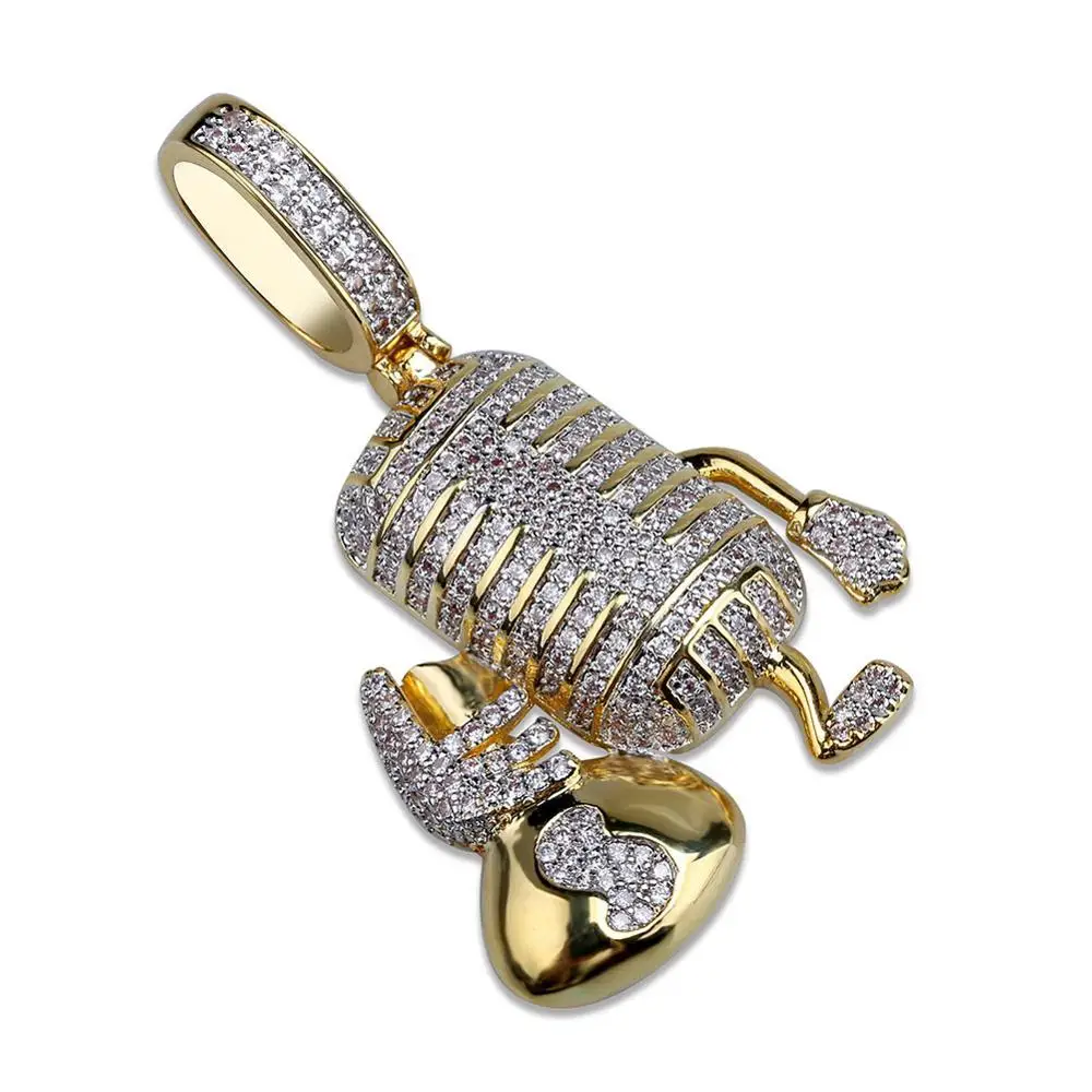Hip Hop AAA Cubic Zirconia Bling Iced Out Dollar Money Bag Microphone Pendants Necklace for Men Rapper Jewelry Drop Shipping