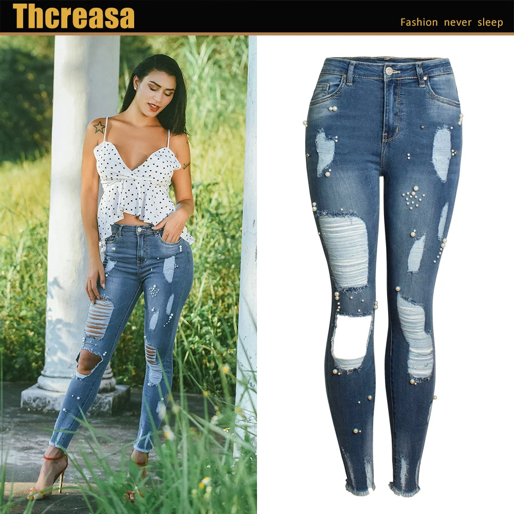 

Women's High Waisted Slim Fit Elastic Irregular Two-color Studded Pearl Jeans Leggings Pants