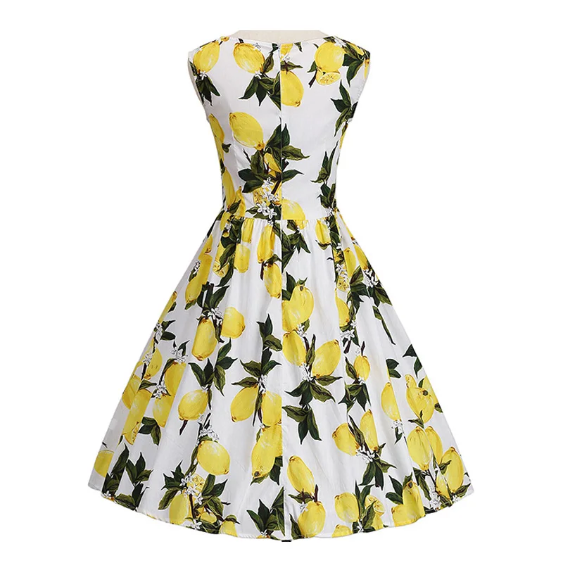 Big Size 4XL Lemon Print Summer Vintage Dress Sleeveless Cotton Women Pin Up Retro Dress Elegant Party Vestidos Office Dresses