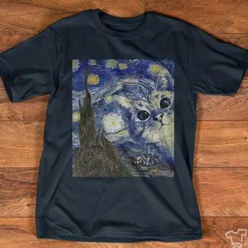 Van Gogh Cat Starry Night Tshirt Men Navy M - 3Xl