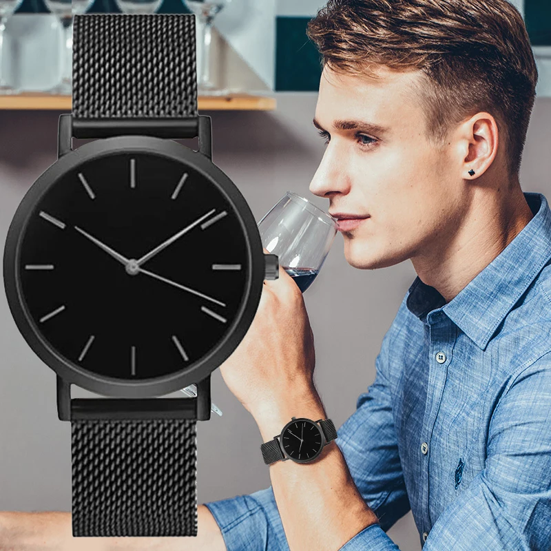 

Fashion Simple Watches Men Black Stainless Steel Mesh Band Quartz Wristwatches Casual Men Watches Mens Watches Reloje masculino