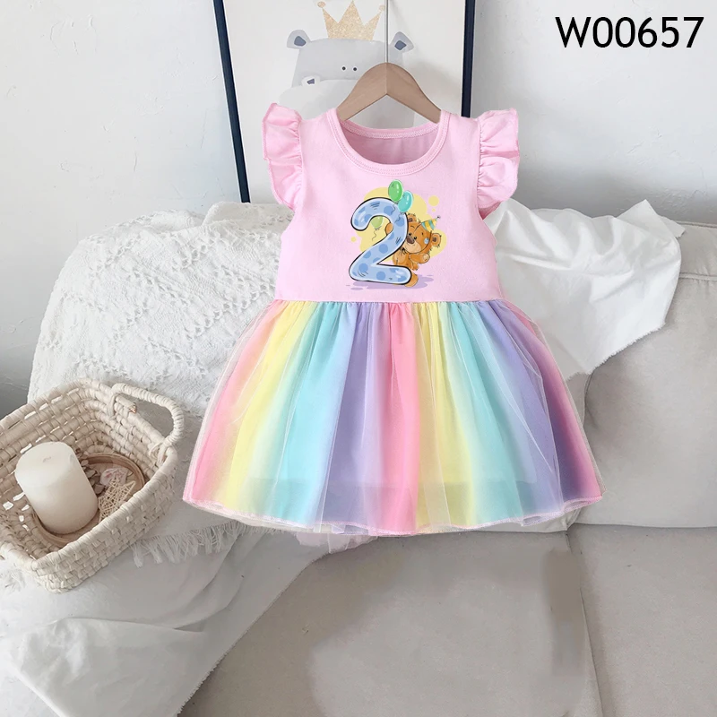 Birthday Princess Dress Summer Girls Rainbow Colorful Birthday Wedding Dresses 1-4 Years Sweet Kids Party Children Clothes