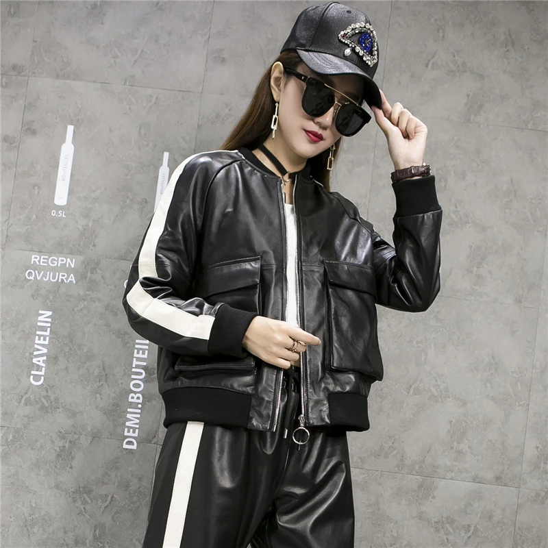 White Striped Real Leather Jackets New Fashion Real Sheep Leather Jackets Female Real Soft leather Genuine Leather Jackets WY560