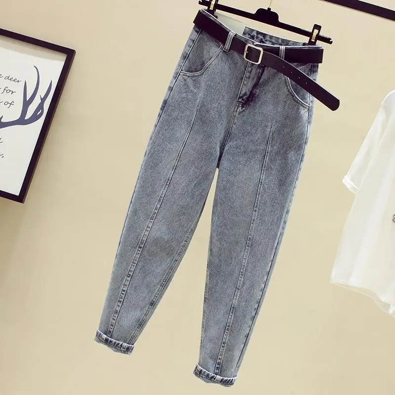 Spring/Summer Jeans Women\'s Loose High Waist Pants Ankle-Tied Harem Pants Cropped Light Color Straight Pants