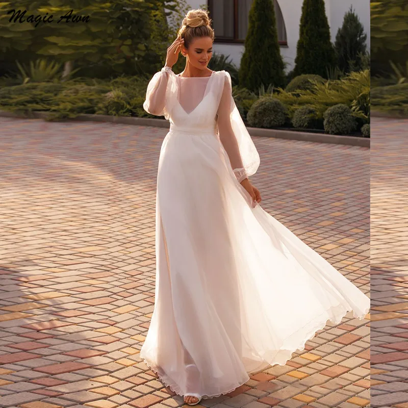 Magic Awn – Robe De mariée en Organza, style bohème, manches longues, Illusion De plage, ligne a, Simple, nouvelle collection 2021