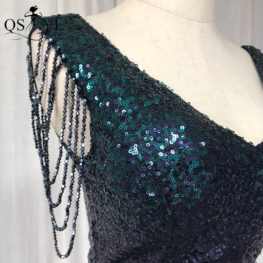 Fading Green Evening Dresses Sequin Mermaid Prom Gown Beadings Sleeves V Neck Party Dress Emerald Women Formal Dress Vestido