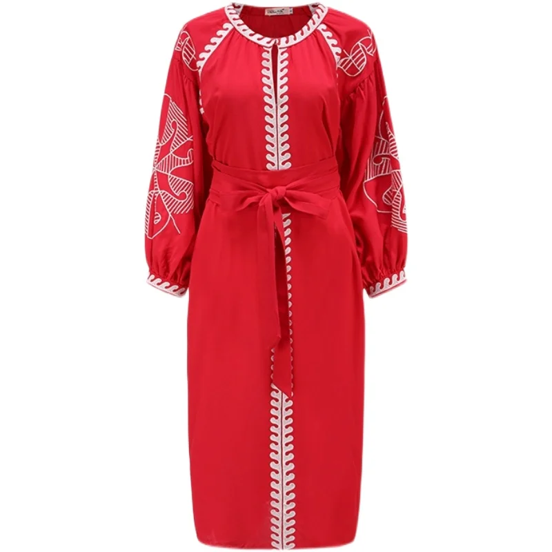 Khalee Yose Vintage czerwony haft sukienka tunika dla kobiet bawełniana pościel etniczna Hippie luźne Boho Casual Chic panie szata Vestidos