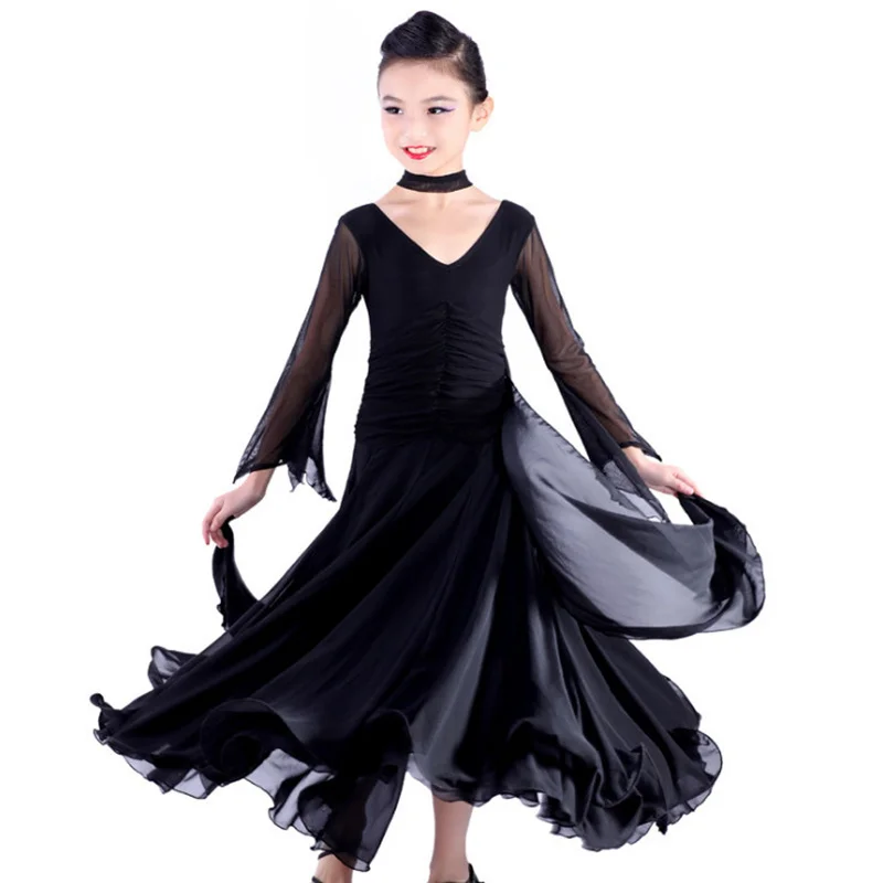 Chiffon Long Sleeves Standard Competition Ballroom Dance Dress Fo Girl Kids One Piece Child Modern/Waltz/Latin Dancing/Dancewear