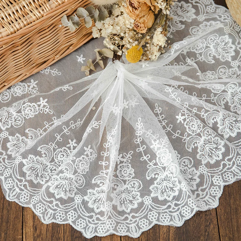 Luxury Apricot Cotton Lace Fabric 22cm Wide Floral Embroidery White Ribbons Trim For Diy Crafts Needlework Sewing Accessories 1Y