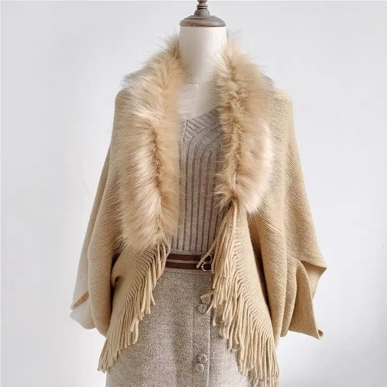 Fur Collar Winter Shawls And Wraps Bohemian Fringe Oversized Womens Winter Ponchos And Capes Batwing Sleeve Cardigan