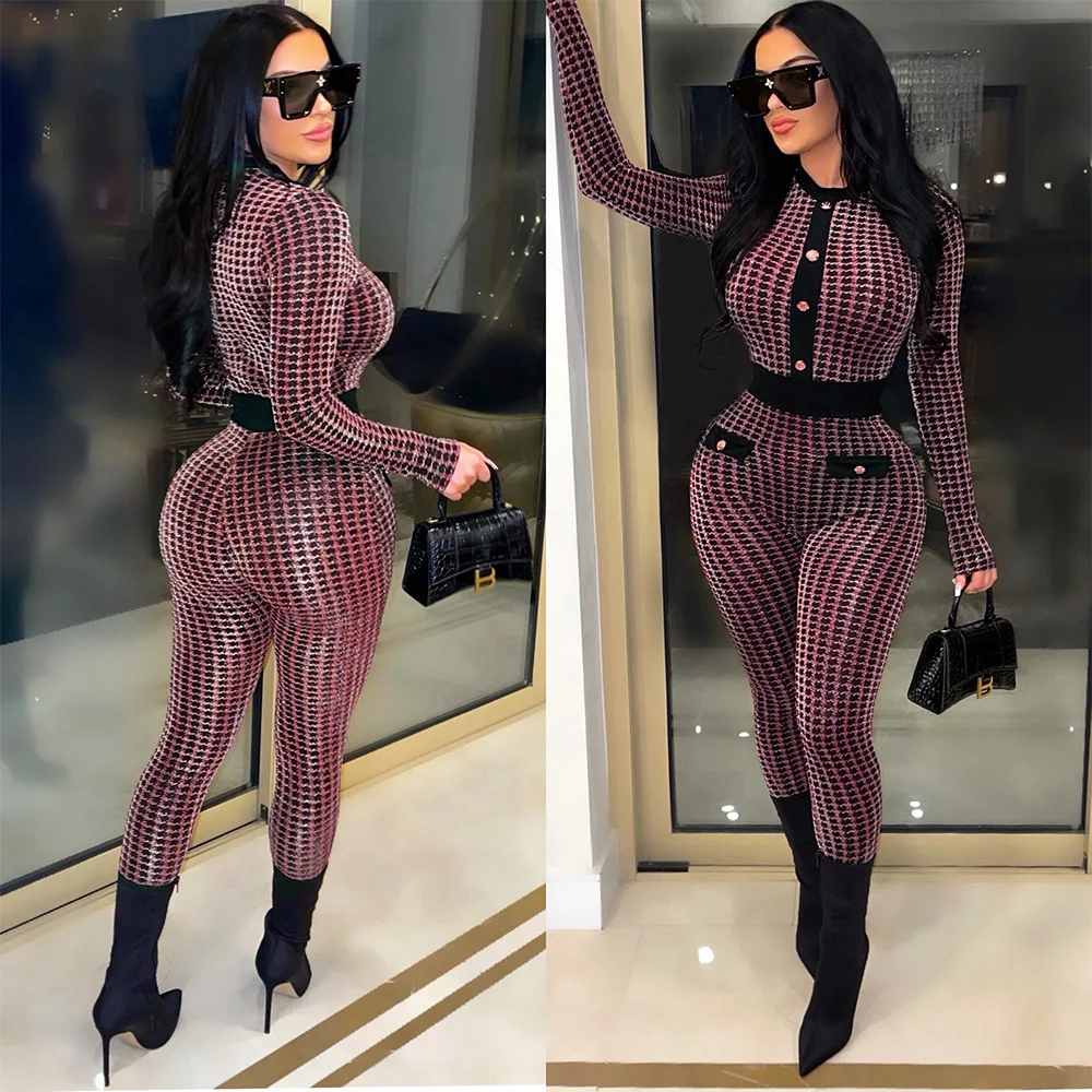 Women's Fashion Button Cardigan Printed Jumpsuit Functional Bodysuit Long Sleeve Buttoned Playsuits