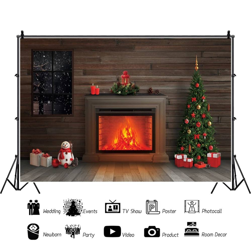 Laeacco เตาผิง Christmas Tree ไวนิลพื้นหลังไม้บอร์ดเด็กชั้นเด็กภายในการถ่ายภาพโปสเตอร์ฉากหลัง Photo Studio