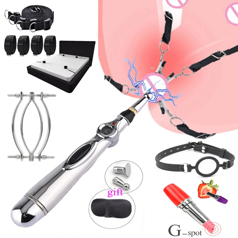 Electric Shock Vagina Pen Labia Clips Nipple Clamp Bdsm Bondage Clit Stimulator Set Restraint Strap Mouth Gag Vibrator Sex Toys