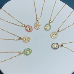 Holy Guadalupe Virgin Mary Necklace Women Stainless Steel Gold Plated O Chain Rhinestone Crystal Pendant Religion Jewelry Gifts