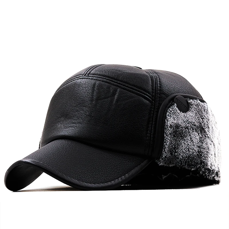 warm Man Leather Hats Winter First Layer Cowhide Warm Earmuffs Bomber Caps Plus Velvet Thicken Male Bone Caps Dad Hat