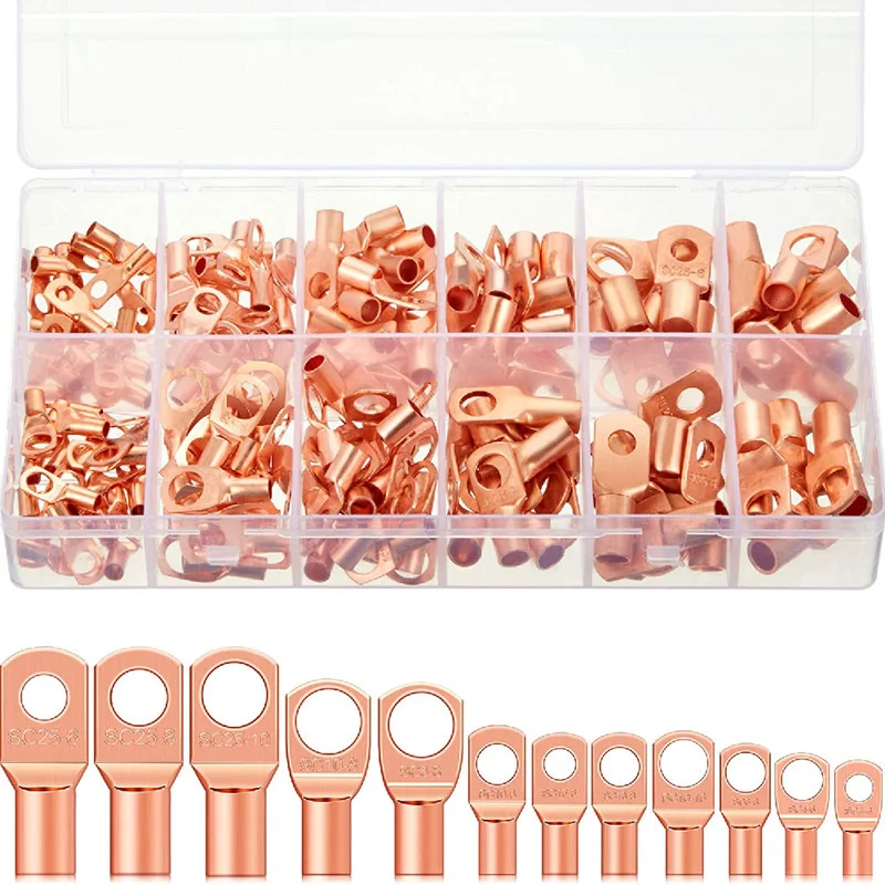 170pcs/lot Copper Battery Cable Ends 12 Sizes Battery Wire Lugs Eyelets Tubular Ring Terminal Connectors SC Terminals for Automo