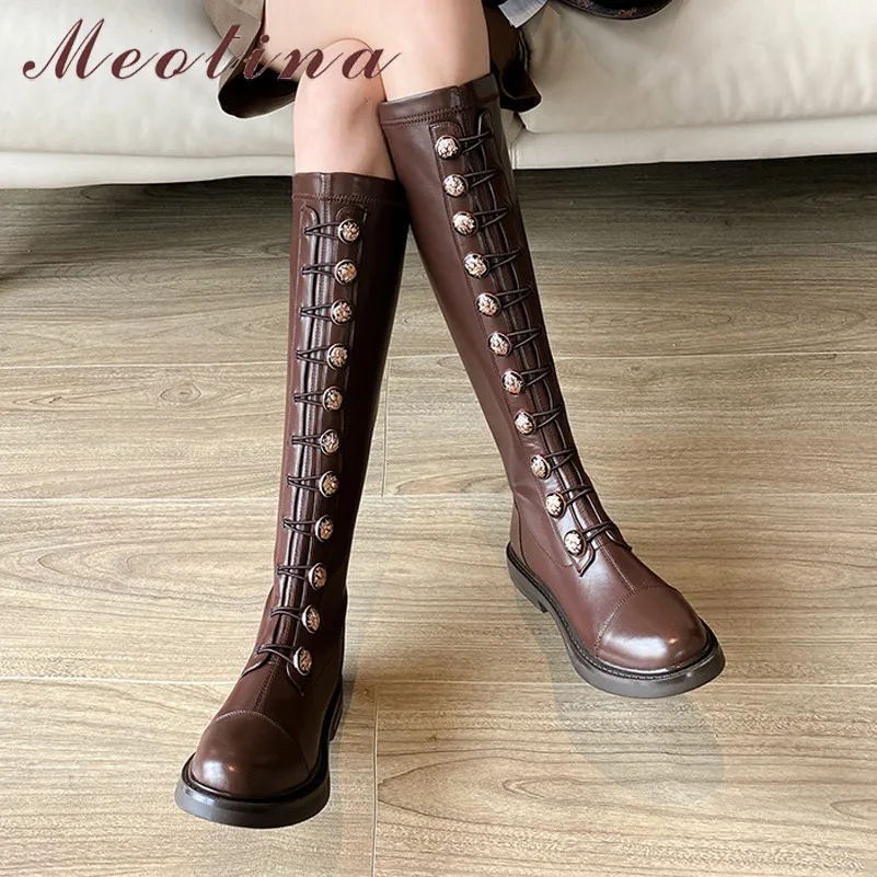 Meotina Real Leather Med Heel Knee High Boots Women Boots Block Heel Slim Stretch Shoes Zipper Female Long Boots Autumn Winter