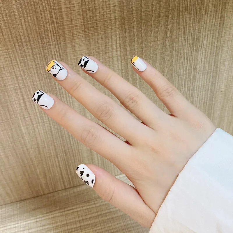 24pcs Fake Nails With Glue Cows Printed Type Short Paragraph Fashion Manicure Patch Save Time False Nails With Anime Designs