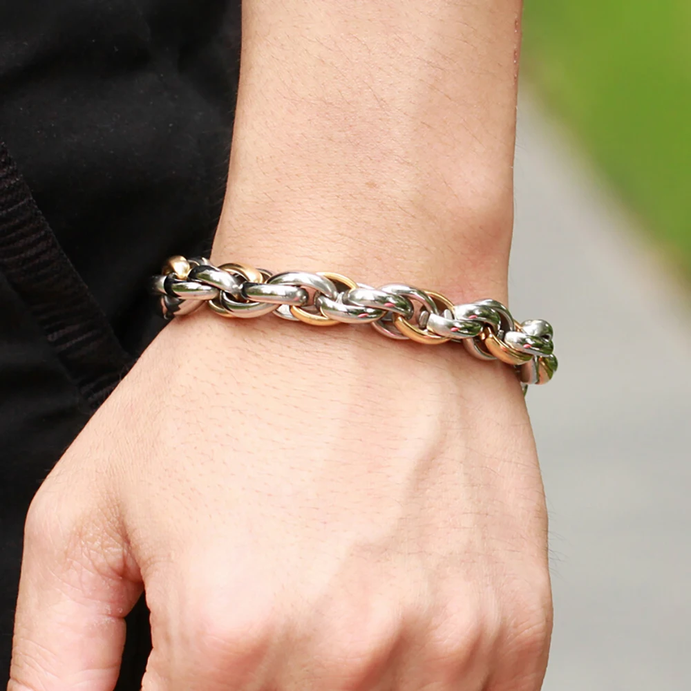 Gold Color Stainless Steel Bracelet Cool Rock Style New 22cm 9MM Thick Chain Link Bracelet Men Jewelry Wholesale