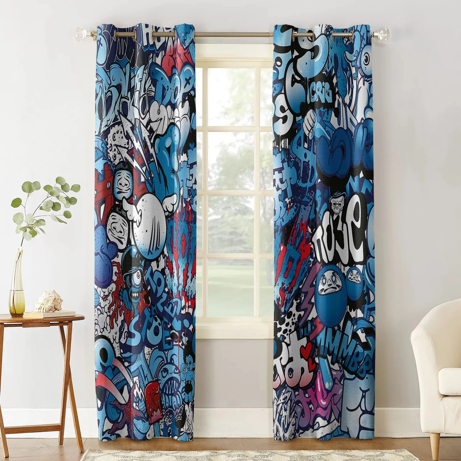 Blue Explosion Punk Graffiti Blackout Curtains Bedroom Living Room Home Decoration for Children Girls Boys Gift