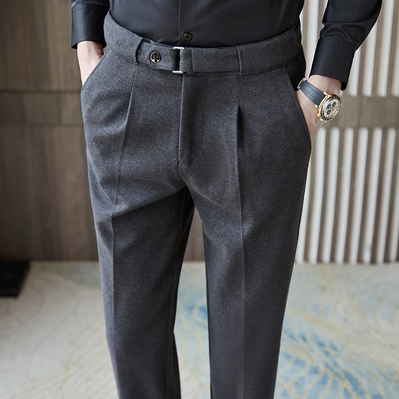 

Осенне-зимние теплые классические брюки из смеси шерсти, мужские матовые брюки с вышивкой, серое платье, мужские брюки цвета хаки, деловые брюки для мужчин 28-36