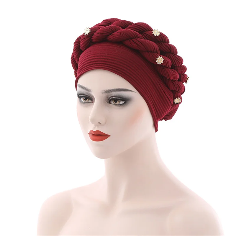 Muslim Turban Caps Women Elegant Stretch Turban Head Wrap Double Braid Style Chemo Hat Hair Loss Wrap Cap Turban Scarf