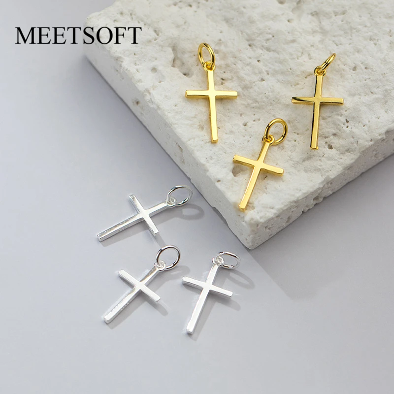 MEETSOFT Trendy S925 Sterling Silver Shiny Cross 18K Gold Pendant Necklace Charms of DIY Handmade Making Bracelets Drop Shipping