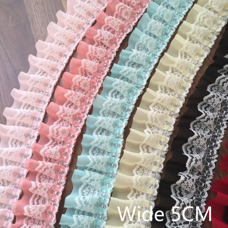 5CM Wide Multi Colors Pleated Chiffon Fold Lace Embroidered Ribbon Trim For Sewing DIY Crafts Child Garment Dress Hem Decor