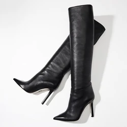 Winter Leather Boots Women Sexy High Heel Thin Stiletto Knee High Boots Pointed Toe Clear Design Classic Match Everything Shoes