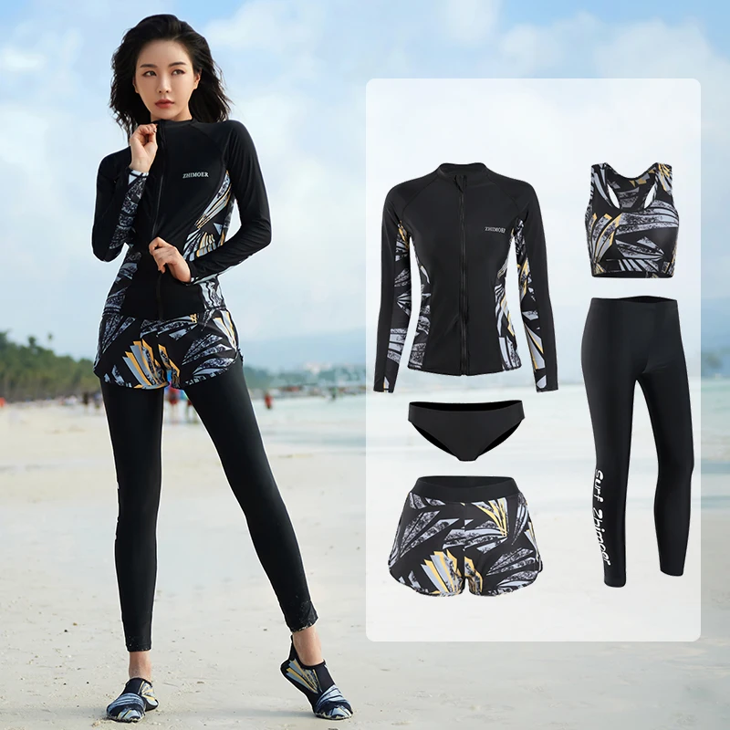 

Long Sleeve Rash Guard Women Print 5 Pieces Swimsuit Zipper Swimwear Bathing Suits Surfing Pad Long Pant Couples Men 3 Pieces