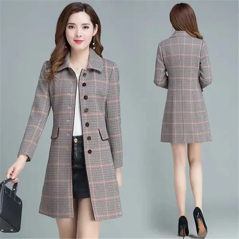 Women Plaid Wool Coat New Autumn Winter Jacket Mid-Long Slim  Ladies Single Breasted Elegant Woolen Coats Outerwear Female Tops