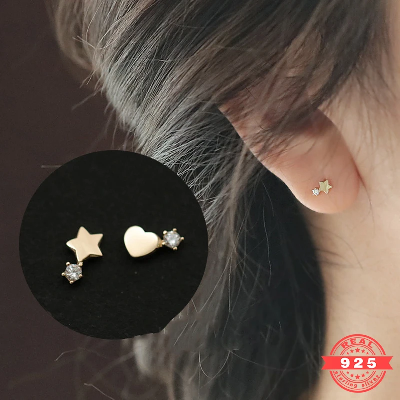 925 Sterling Silver Plated 14K Gold Heart and Star Stud Earrings Light Luxury Women's Valentine's Day Gift Wedding Jewelry RD034