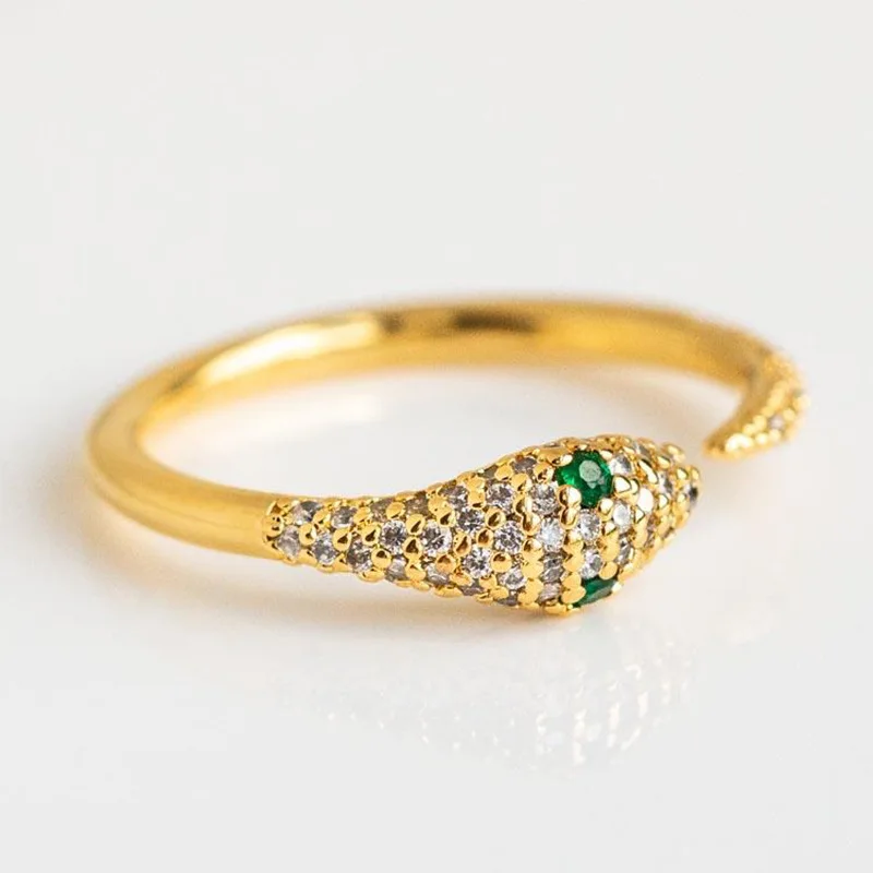 Megin D 18k Yellow Gold Green Crystal Eyes Luxury Zircon Snake Vintage Boho Rings for Women Couple Friends Gift Fashion Jewelry