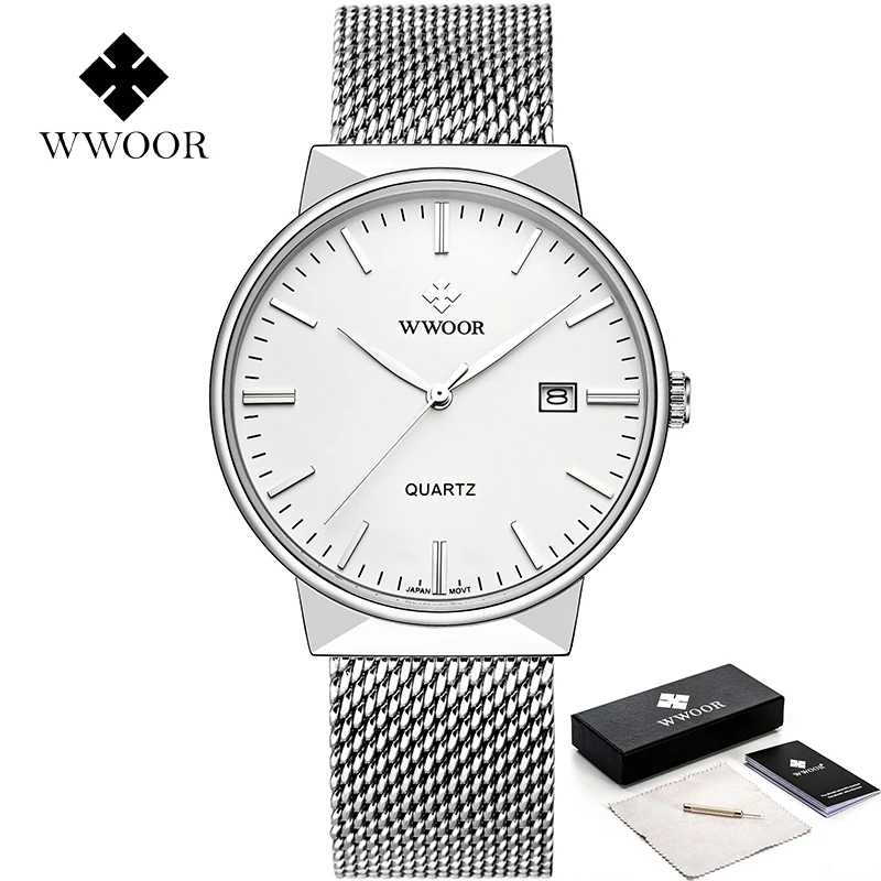 WWOOR Mens Watches 2023 Luxury Brand Quartz Casual Dress Watches For Men Stainless Steel Mesh belt Waterproof Calendar Watch Men