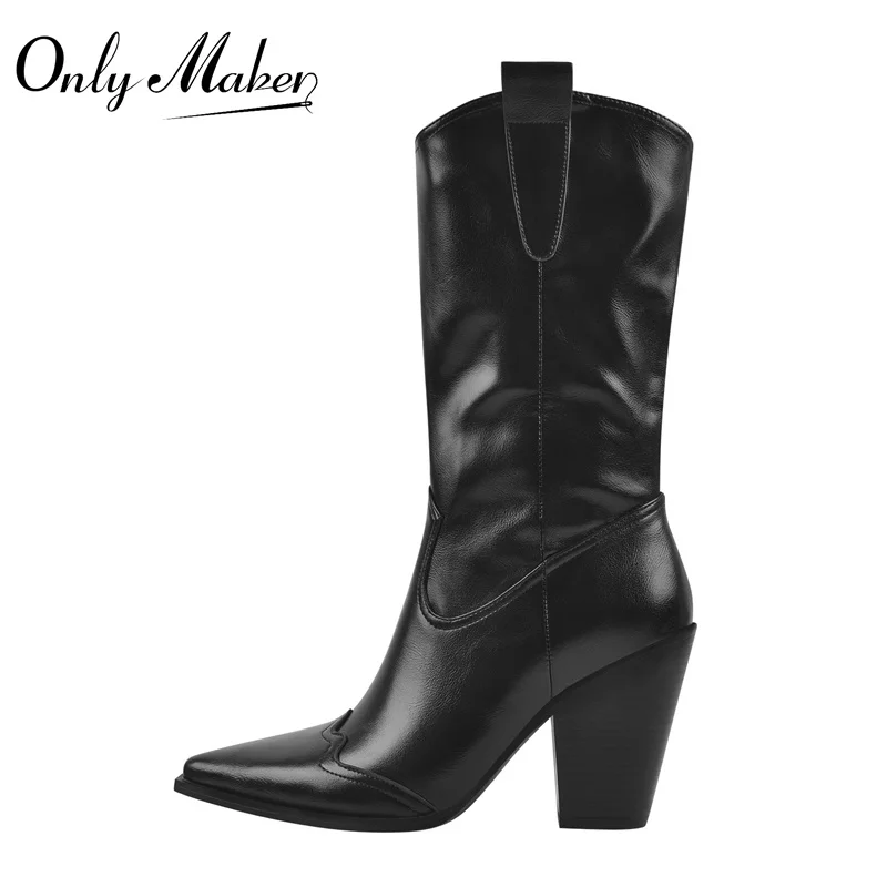 Onlymaker Women Pointed Toe Mid-Calf Boot Matte Black Sewing Embroidered Thick Heels Zipper Winter  Big Size Cowboy Boots