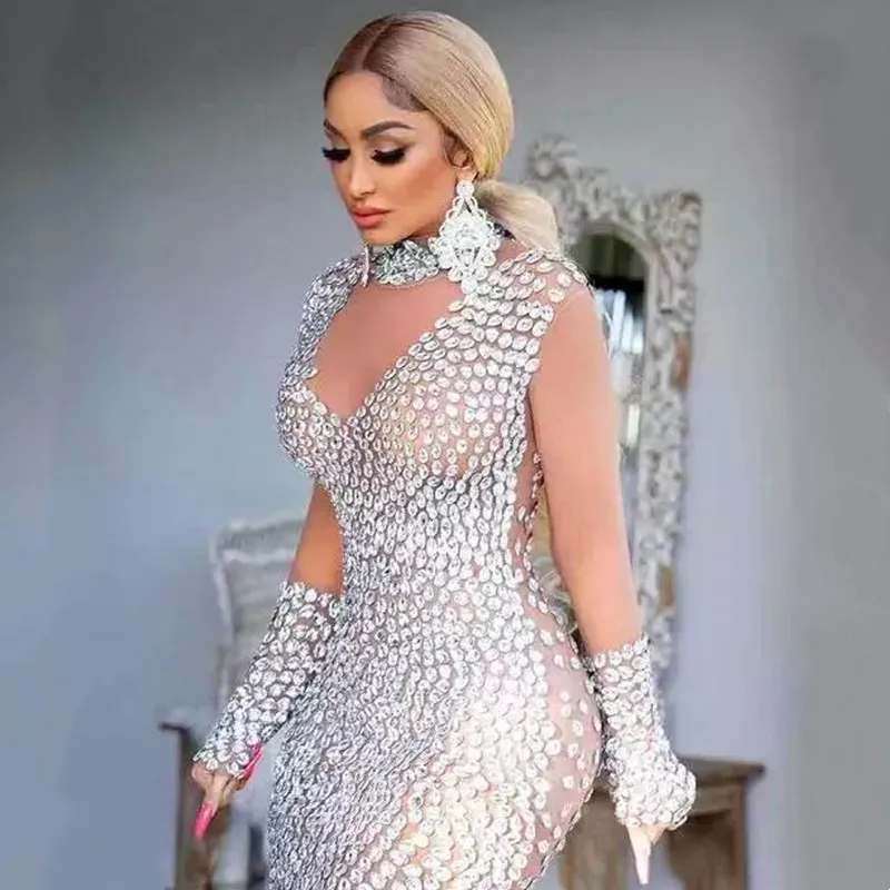 

Big Rhinestones Nude Transparent Short Dress Women Prom Birthday Celebration Crystals Stones Outfit Stage Singer Host Mesh Dress