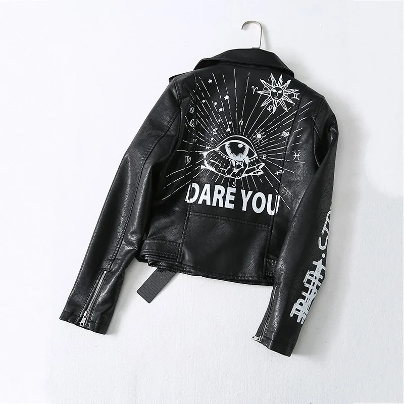 Style Punk Women Gothic Printed Pu Leather Jacket Rivet Faux Leather Motorcycle Coat Harajuku Biker Slim Fit Zip Casual Jacket