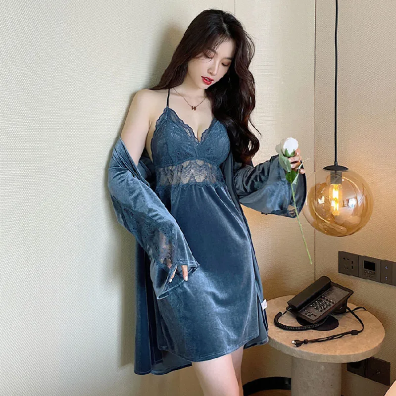 Sexy Woman Nightie Red Velvet Robe Home Suit See-Through Mesh Patchwork Dresses 2022 Winter Negligee Robe Sets Black FG438