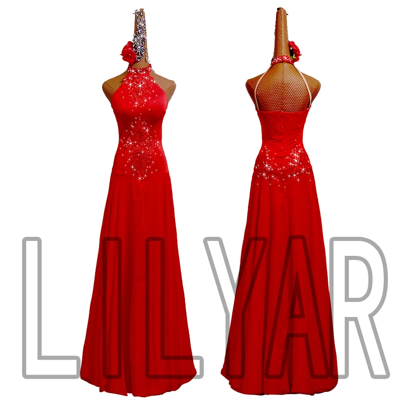 Ballroom  Standard Competition  Show  Custom New Adult Red Embroidery Slim Dance Dress