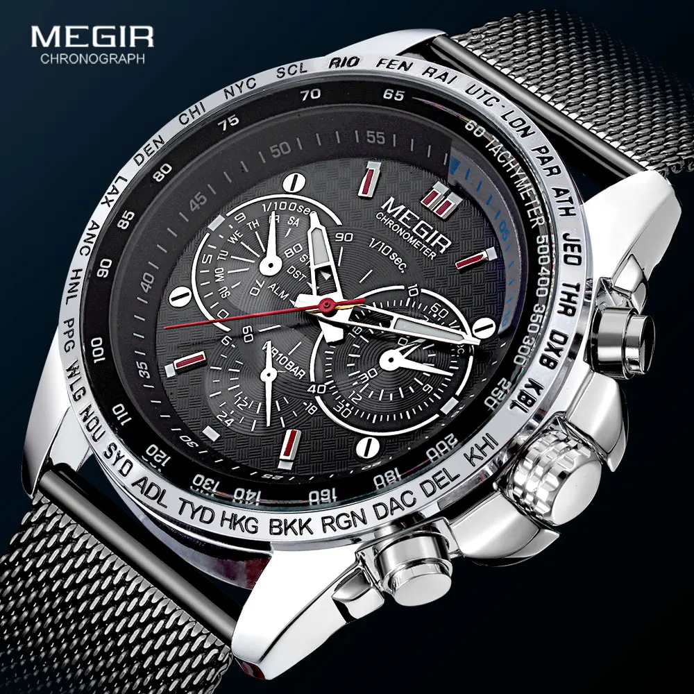 MEGIR-Montre à quartz étanche pour homme, montre-bracelet chronographe, bracelet en maille, décoratif, mode de luxe, 1010