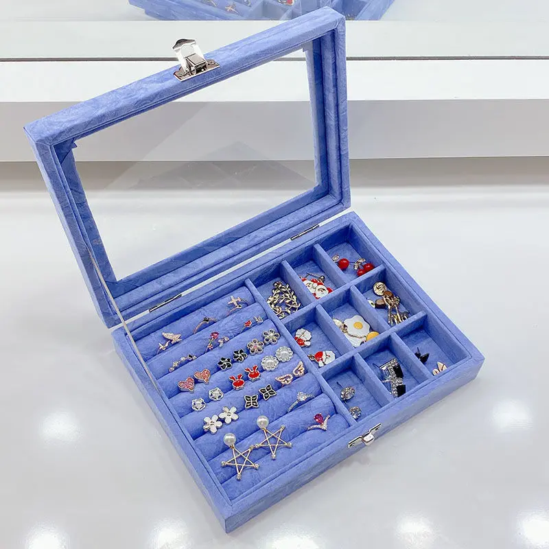 

Fashion Blue Velvet Jewelry Storage Box Earring Necklace Ring Jewelry Organizer Case Glass Cover Travel Box Portable Holder Gift