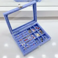 Fashion Blue Velvet Jewelry Storage Box Earring Necklace Ring Jewelry Organizer Case Glass Cover Travel Box Portable Holder Gift