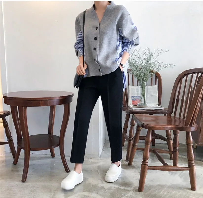 2020 Autumn New Striped Fake two-piece Stitching Fake Two Piece Women Knit Outwear Loose Shirt Batwing Sleeve Sweater