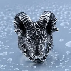 Retro Goat Skull Ring Aries Goat Head Horn Motorcycle Exaggerated Punk Ring Gothic Hip Hop Party Jewelry Size Us7-13